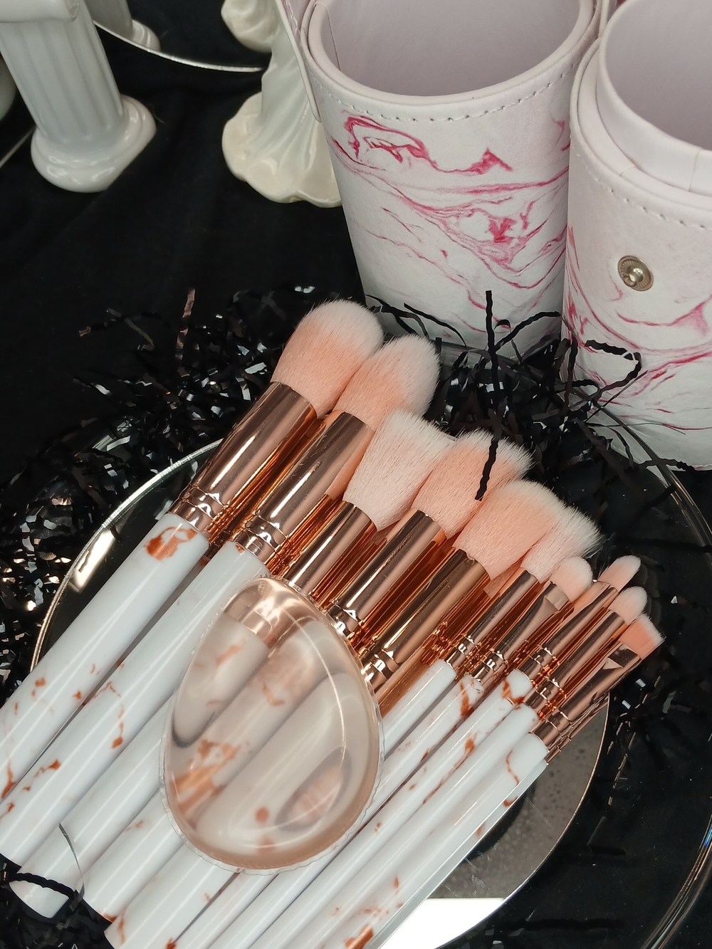 Premium 11-Piece Pink Marble Makeup Brush Set with Rose Gold Accents